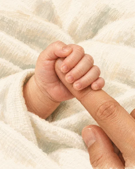 Illustration of a baby's hand curled around a parent's finger