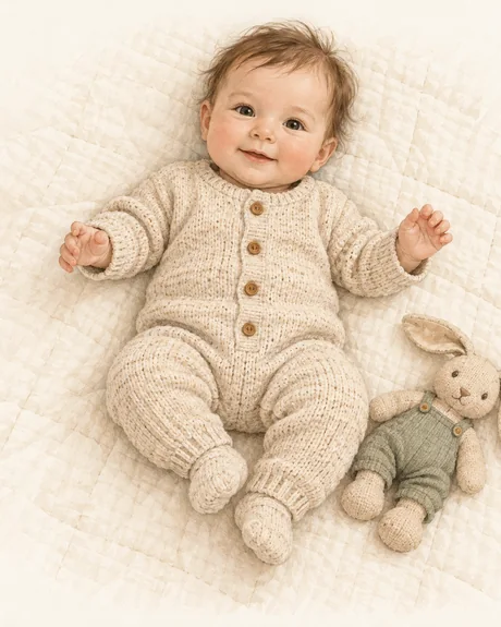 Illustrated baby in a knitted outfit with a soft rabbit toy